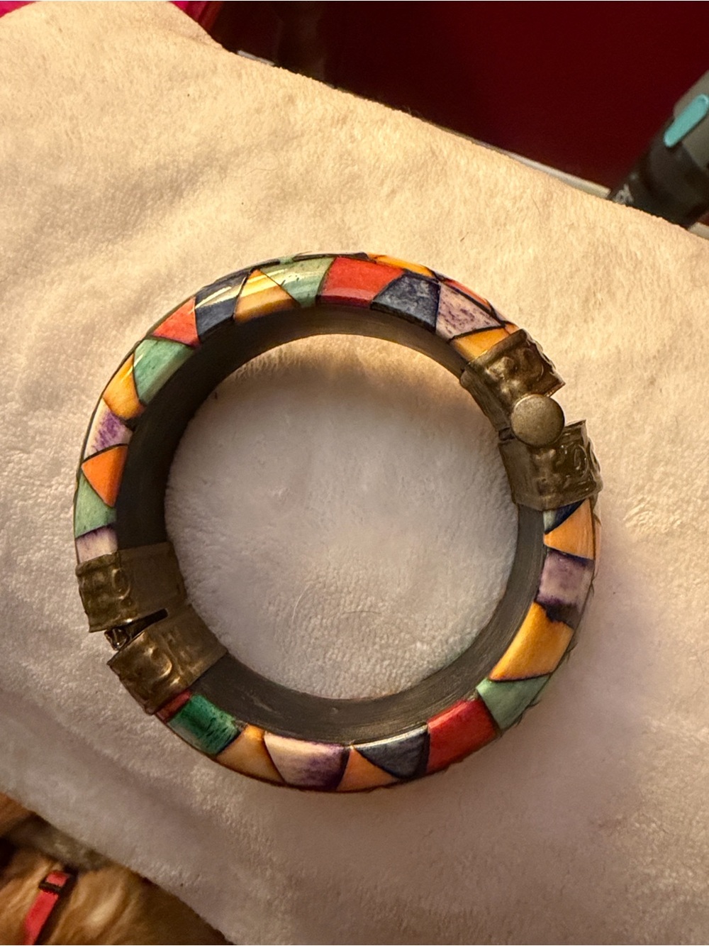 Mosaic Rainbow Wood and Brass Bangle